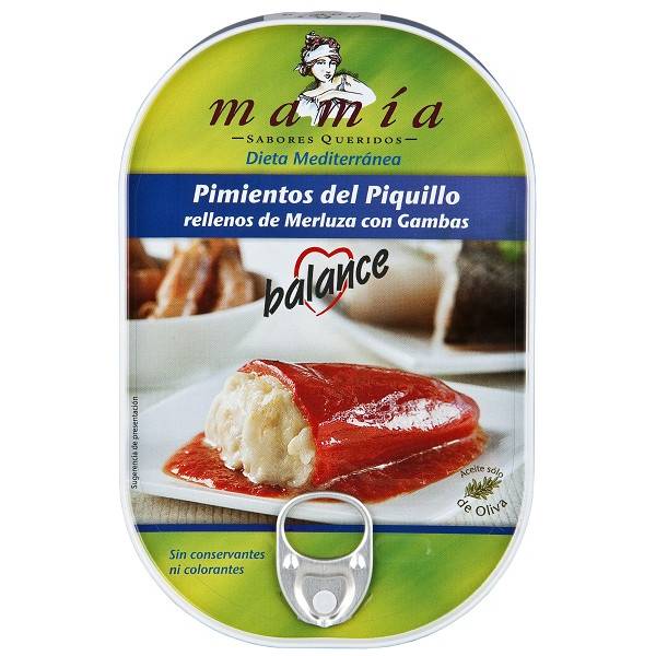 Piquillo Paprika gefüllt mit Seehecht und Garnelen MAMÍA 230g.