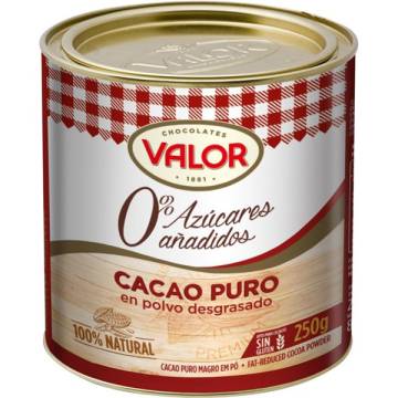 Cacao pur en poudre 0% sucre ajouté VALOR boîte 250g.