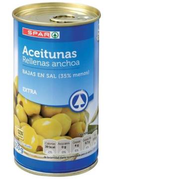 Olives farcies d'anchois réduit en sel Spar 350g.